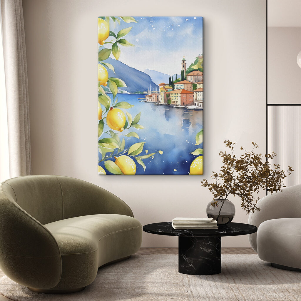 Watercolor of a city by a body of water Watercolor of a city by a body of water