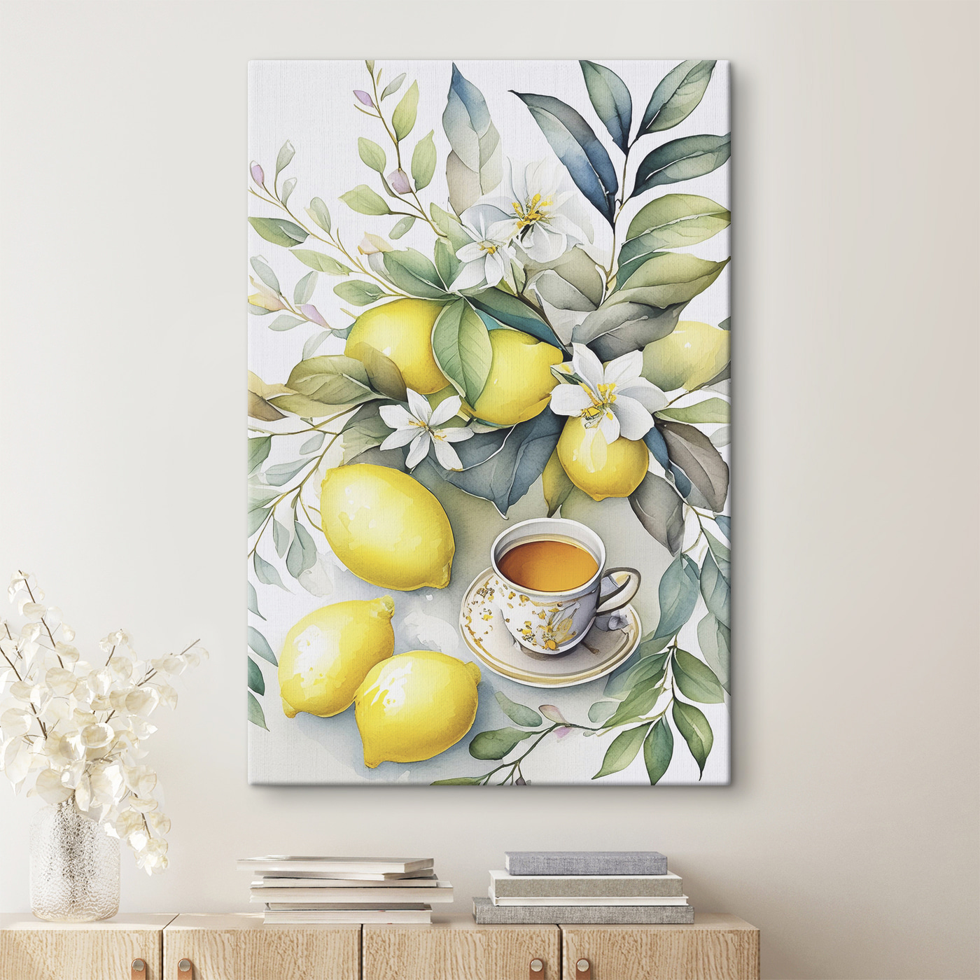 A painting of lemons and a cup of tea