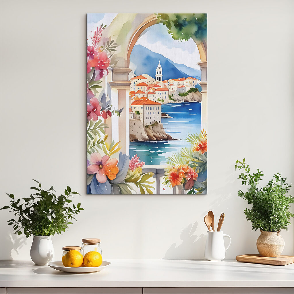 A watercolor painting of a town on a cliff
