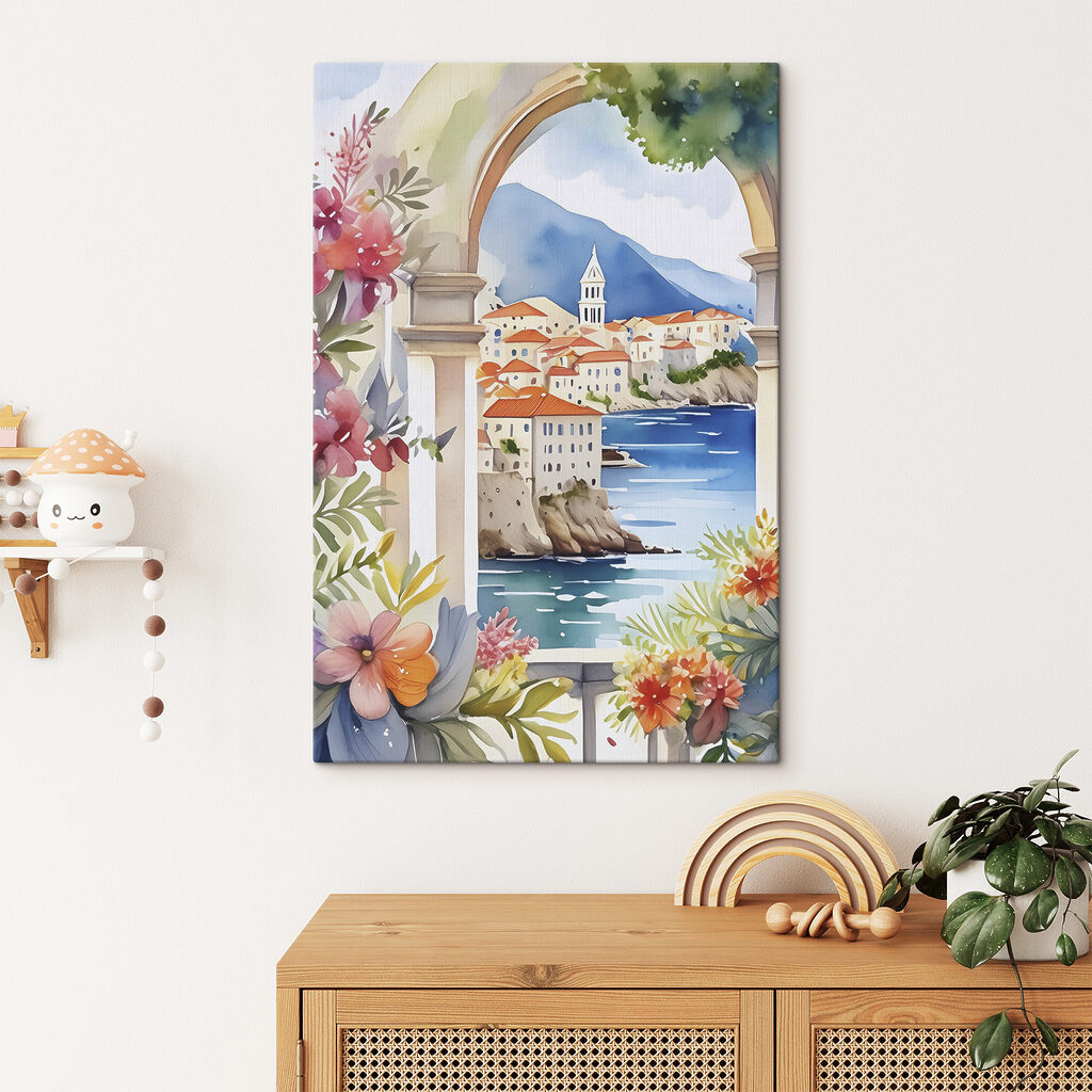 A watercolor painting of a town on a cliff