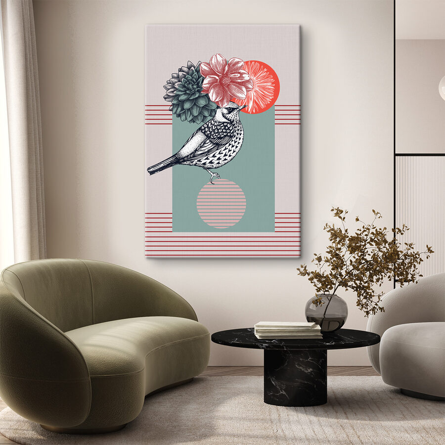 Een vogel met bloemen op zijn hoofd