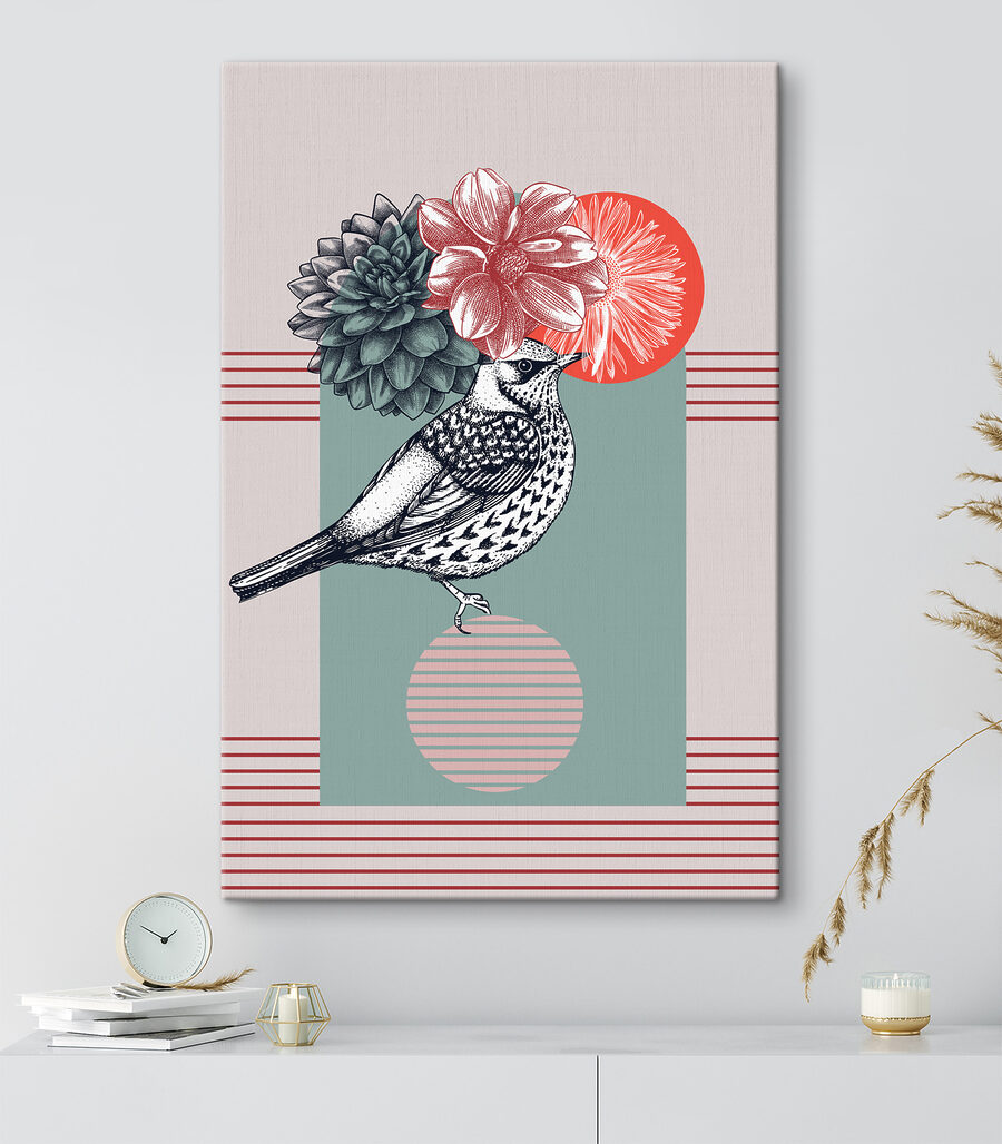 Een vogel met bloemen op zijn hoofd