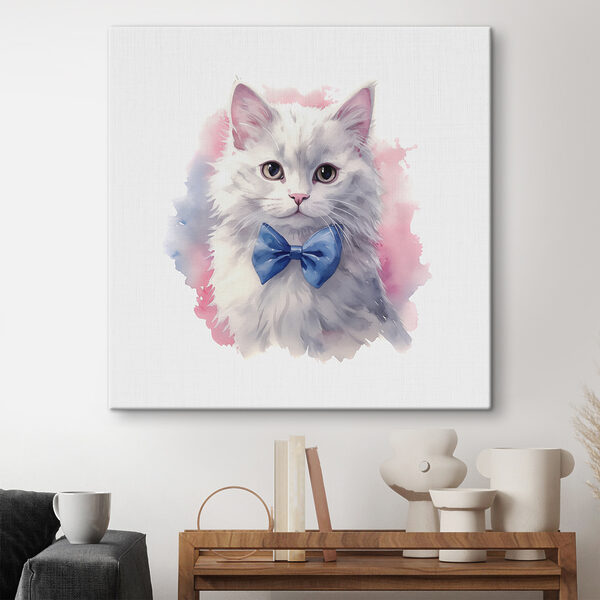 Een aquarel van een kat met een strikje