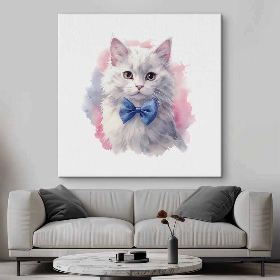 Een aquarel van een kat met een strikje