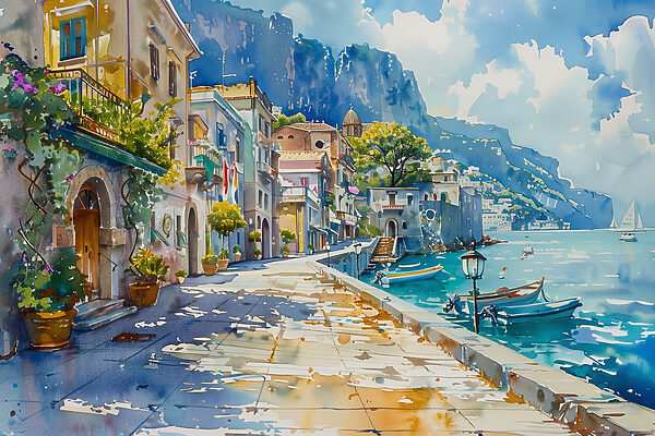Aquarel van een stad langs een waterlichaam Aquarel van een stad langs een waterlichaam