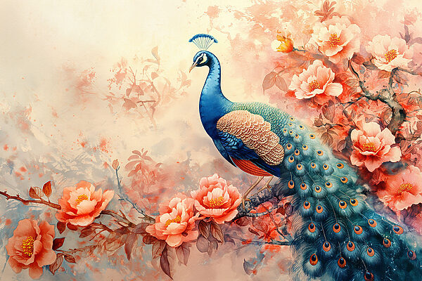 Een schilderij van een pauw op een tak met bloemen Een schilderij van een pauw op een tak met bloemen
