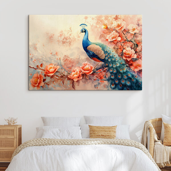 Een schilderij van een pauw op een tak met bloemen Een schilderij van een pauw op een tak met bloemen