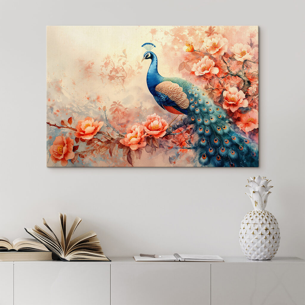 A painting of a peacock on a branch with flowers