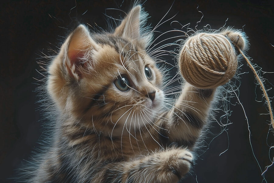 Een kat speelt met een bal garen Een kat speelt met een bal garen