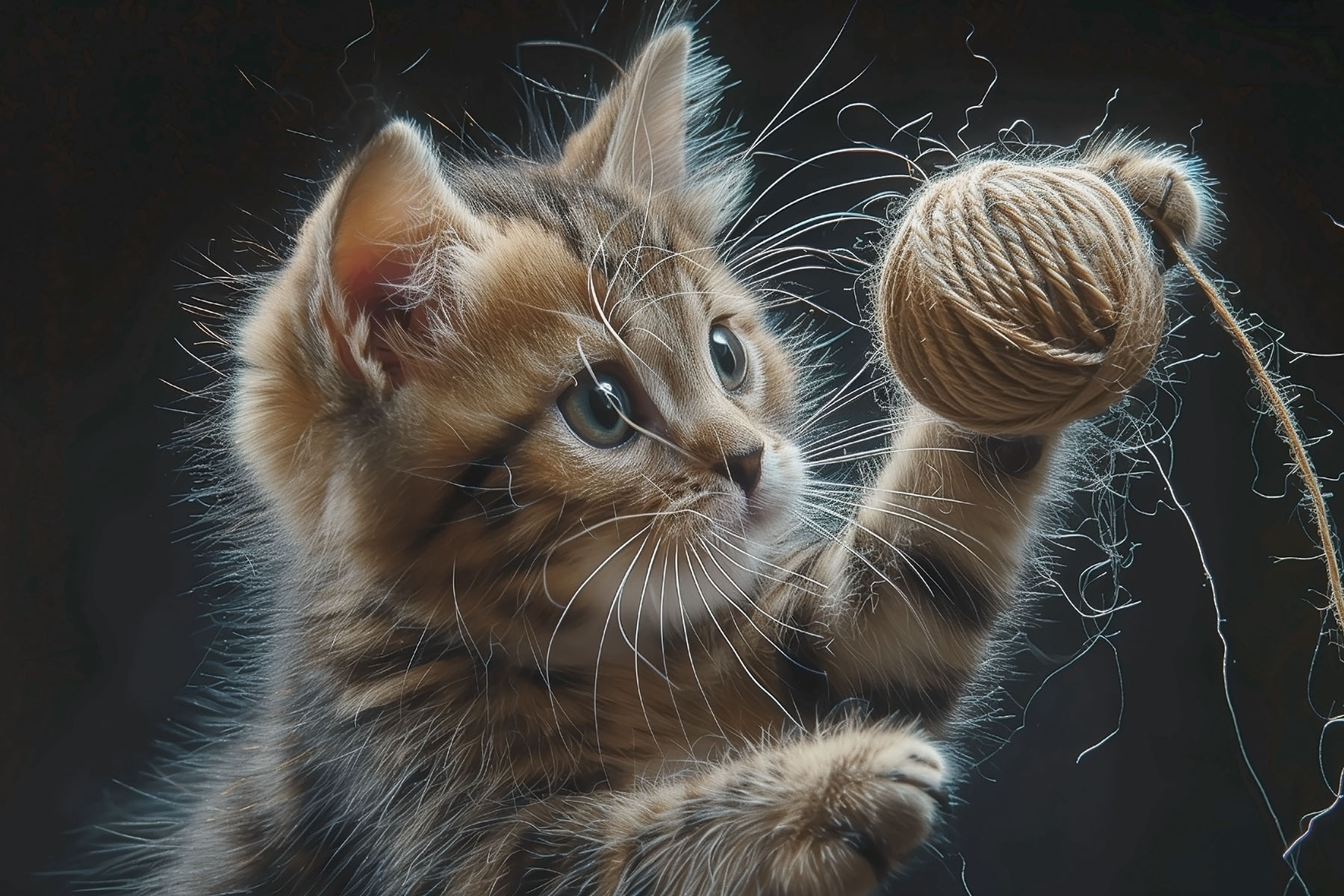 A cat playing with a ball of yarn