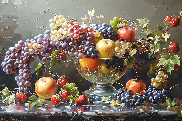 Een schilderij van fruit in een schaal Een schilderij van fruit in een schaal