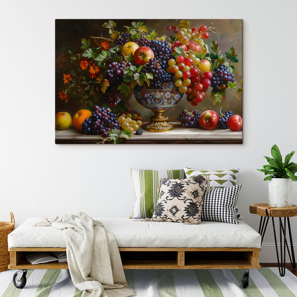 Een schilderij van fruit in een vaas Een schilderij van fruit in een vaas