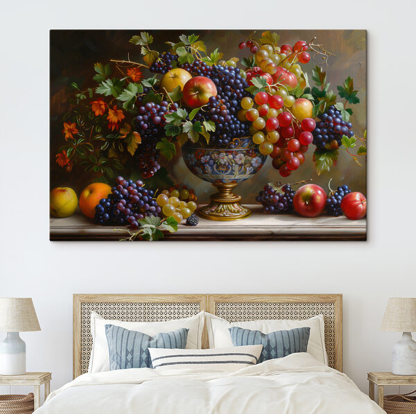 Een schilderij van fruit in een vaas Een schilderij van fruit in een vaas