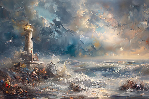Een schilderij van een vuurtoren in de oceaan Een schilderij van een vuurtoren in de oceaan