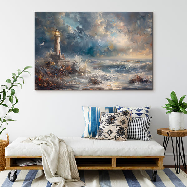 Een schilderij van een vuurtoren in de oceaan Een schilderij van een vuurtoren in de oceaan
