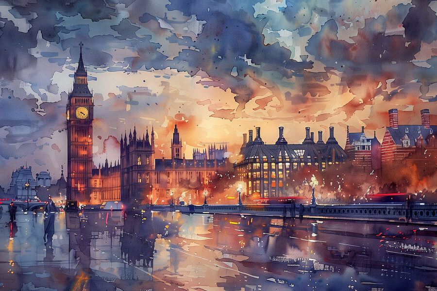 Een aquarelschilderij van een stad met een klokkentoren en een rivier
