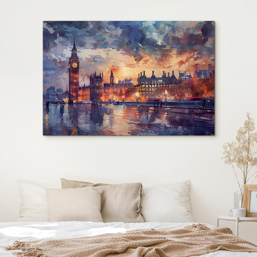 Een aquarelschilderij van een stad met een klokkentoren en een rivier