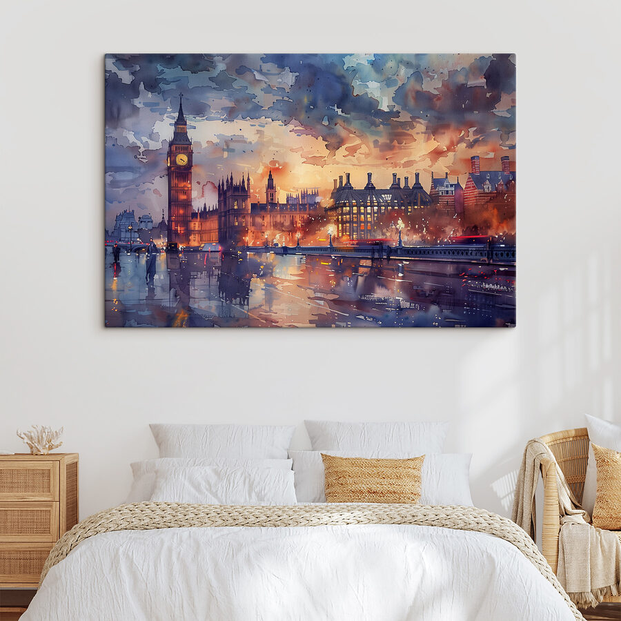 Een aquarelschilderij van een stad met een klokkentoren en een rivier
