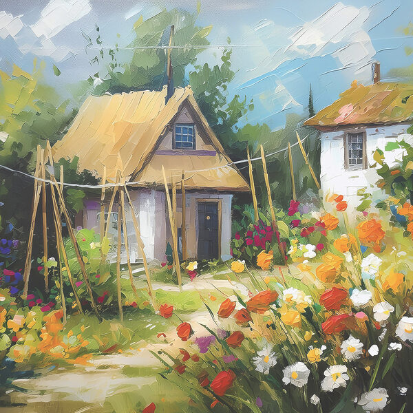 Een schilderij van een huis met bloemen Een schilderij van een huis met bloemen