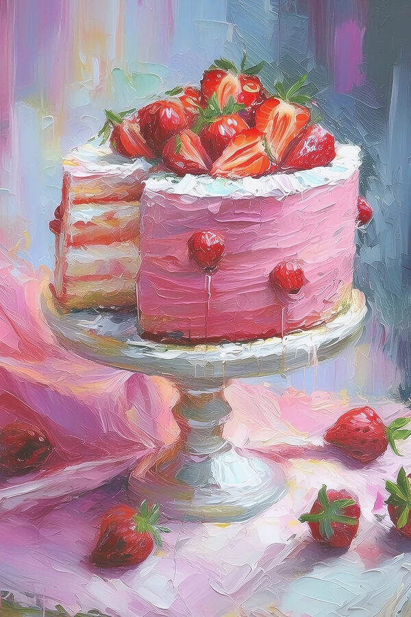 Een schilderij van een taart met aardbeien erop Een schilderij van een taart met aardbeien erop