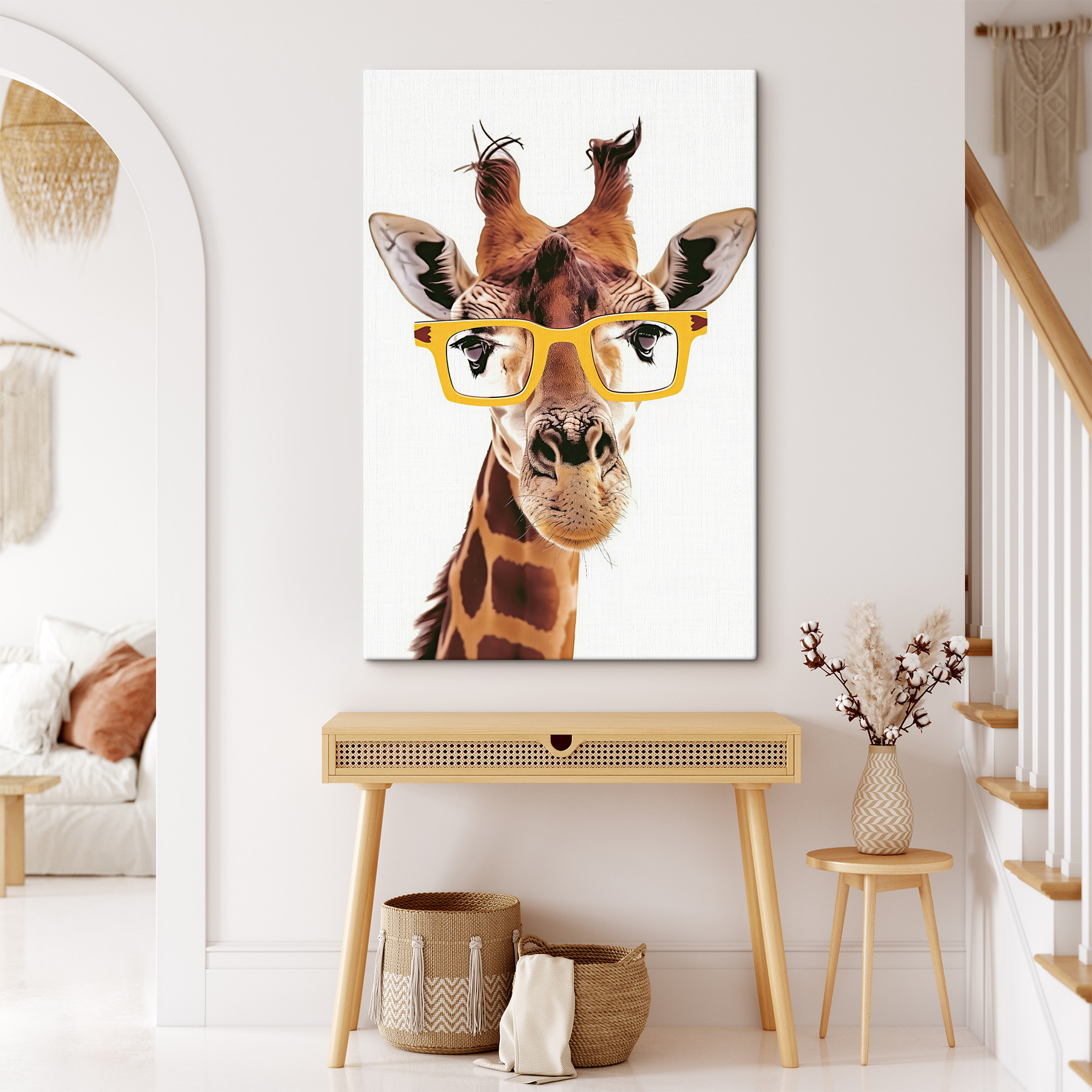 A giraffe wearing yellow glasses