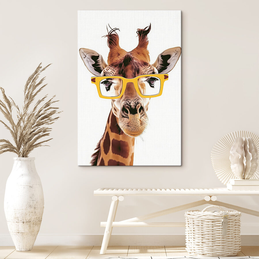 Een giraffe met een gele bril