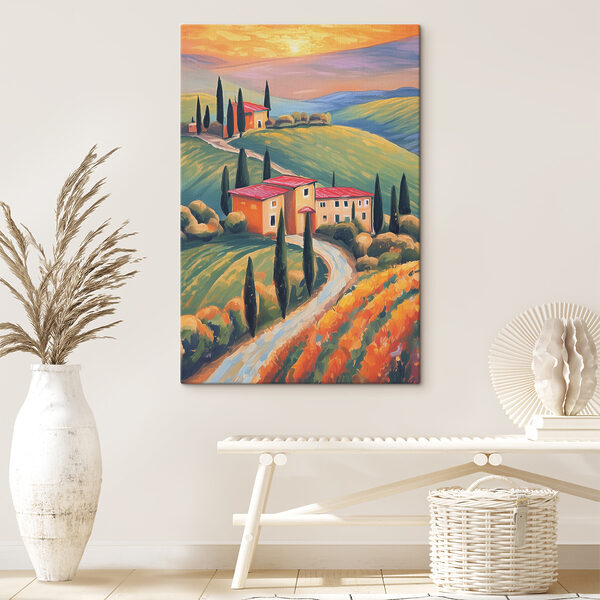 Een schilderij van een huis op een heuvel Een schilderij van een huis op een heuvel