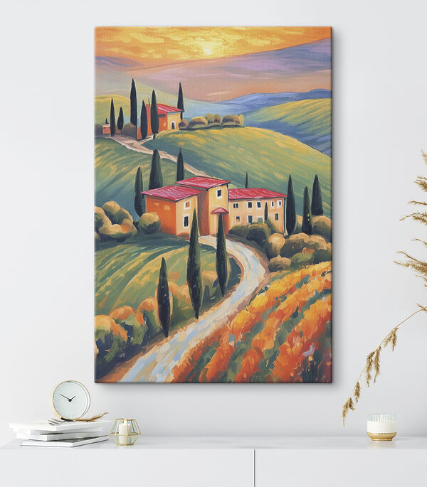 Een schilderij van een huis op een heuvel Een schilderij van een huis op een heuvel