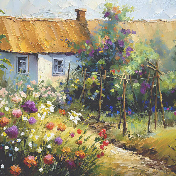 Een schilderij van een huis en bloemen Een schilderij van een huis en bloemen