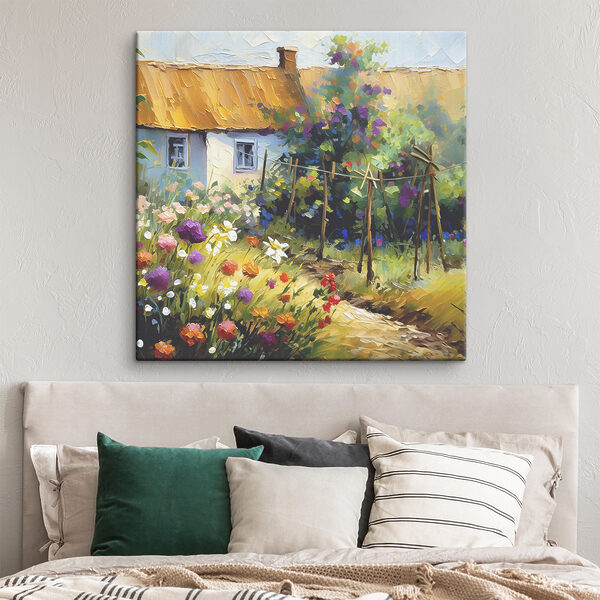 Een schilderij van een huis en bloemen Een schilderij van een huis en bloemen