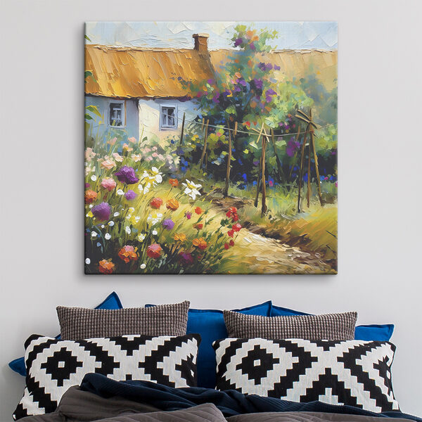 Een schilderij van een huis en bloemen Een schilderij van een huis en bloemen