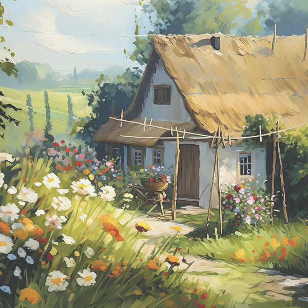Een schilderij van een huis met bloemen en planten Een schilderij van een huis met bloemen en planten