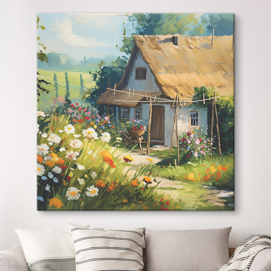 Een schilderij van een huis met bloemen en planten