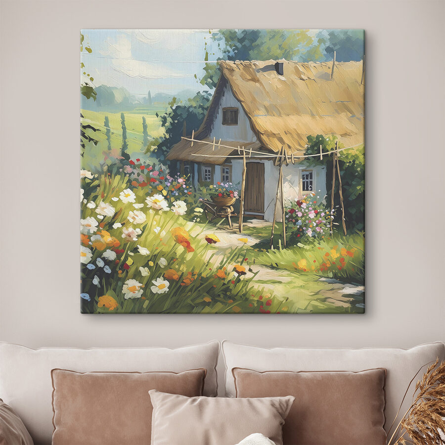 Een schilderij van een huis met bloemen en planten