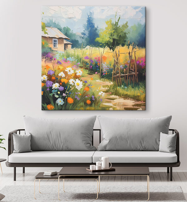Een schilderij van een huis en bloemen Een schilderij van een huis en bloemen