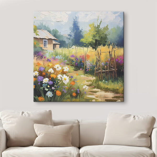 Een schilderij van een huis en bloemen Een schilderij van een huis en bloemen