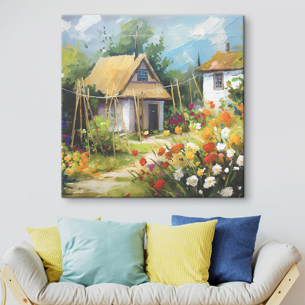 Een schilderij van een huis met bloemen Een schilderij van een huis met bloemen