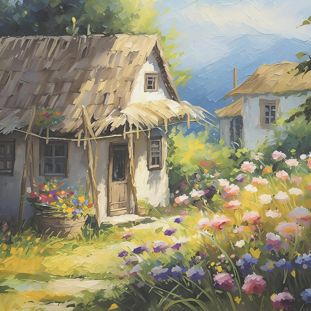 A painting of a house with flowers
