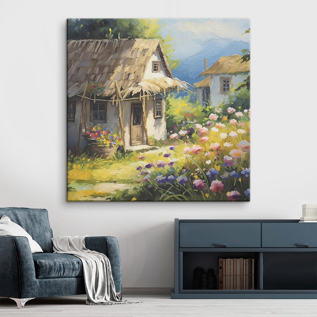 A painting of a house with flowers