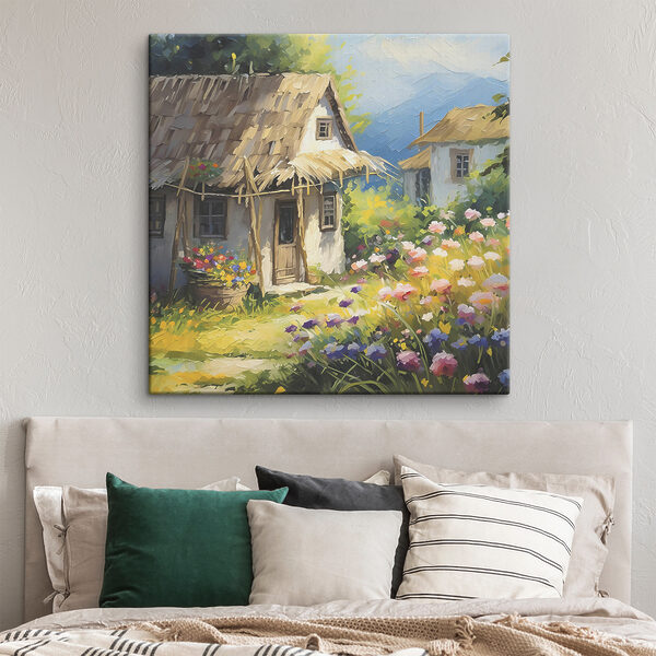 A painting of a house with flowers