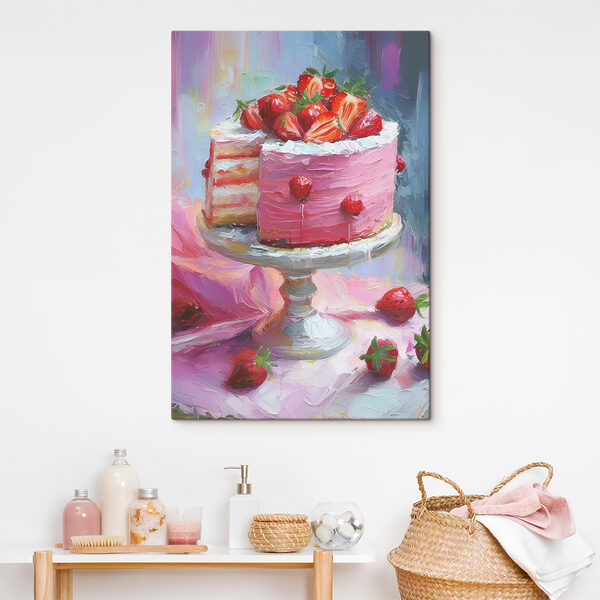Een schilderij van een taart met aardbeien erop Een schilderij van een taart met aardbeien erop