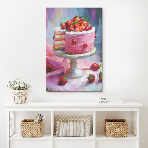 Een schilderij van een taart met aardbeien erop Een schilderij van een taart met aardbeien erop
