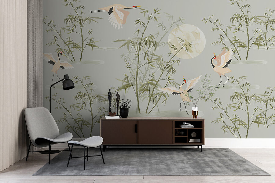 Een behang met vogels en bamboe Een behang met vogels en bamboe