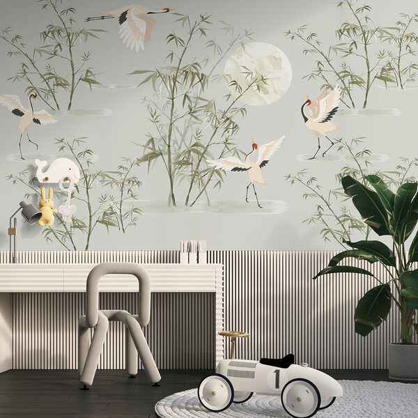 Een behang met vogels en bamboe Een behang met vogels en bamboe