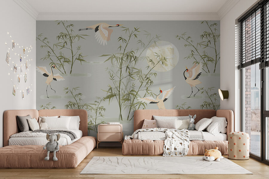Een behang met vogels en bamboe Een behang met vogels en bamboe