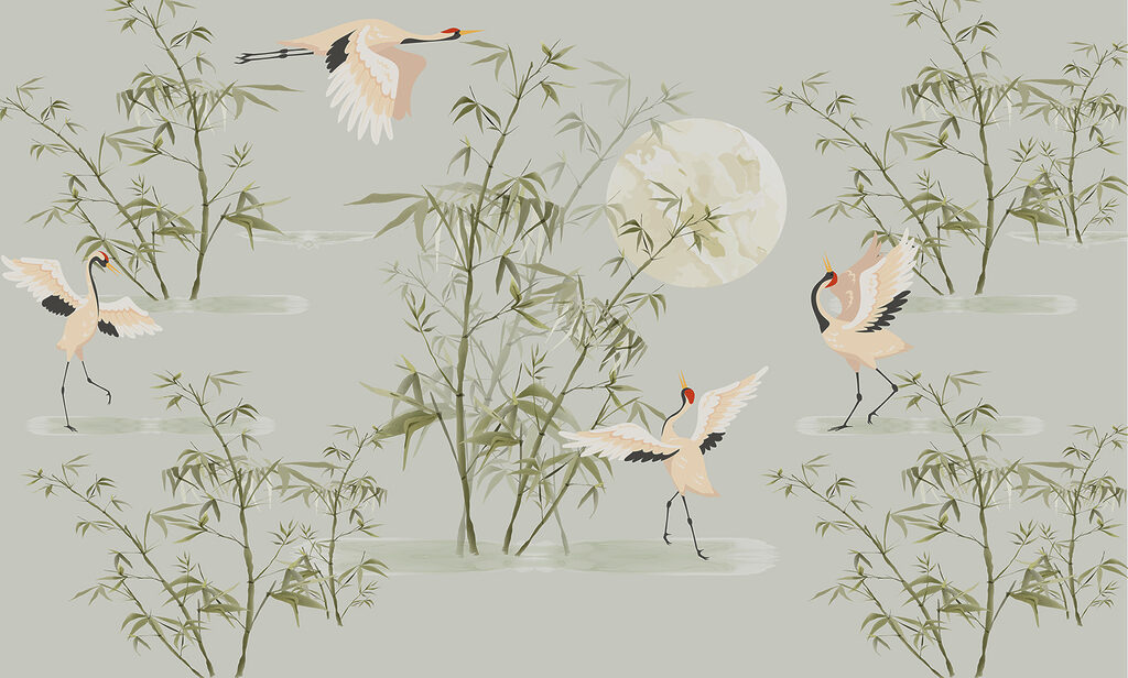 Een behang met vogels en bamboe Een behang met vogels en bamboe