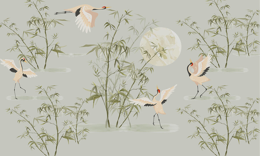 Een behang met vogels en bamboe Een behang met vogels en bamboe