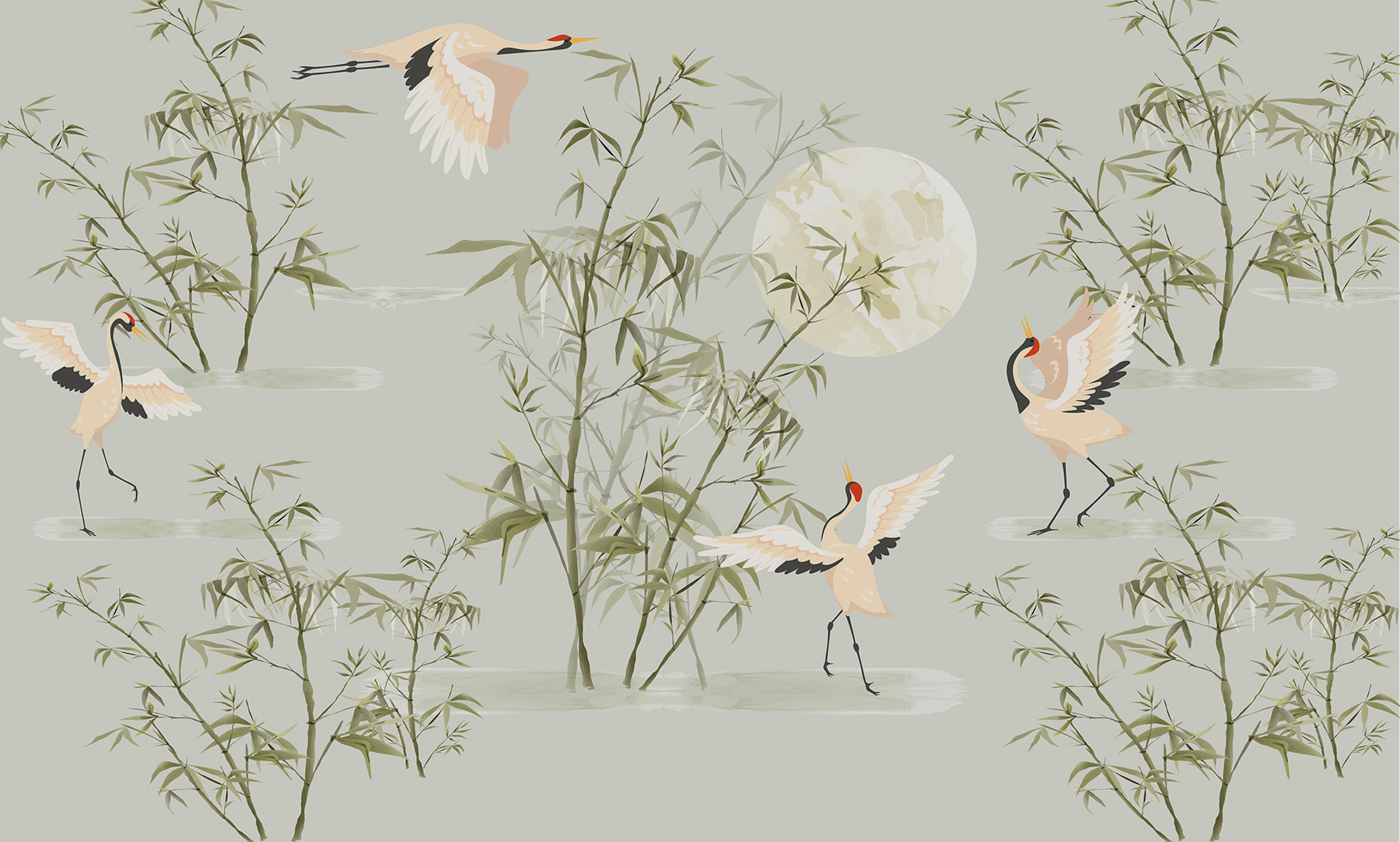 Een behang met vogels en bamboe w00520p - Een behang met vogels en bamboe - tegory