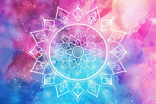 Een witte mandala op een kleurrijke achtergrond Een witte mandala op een kleurrijke achtergrond