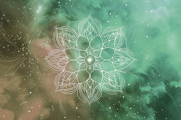 Een witte mandala op een groene en blauwe achtergrond Een witte mandala op een groene en blauwe achtergrond